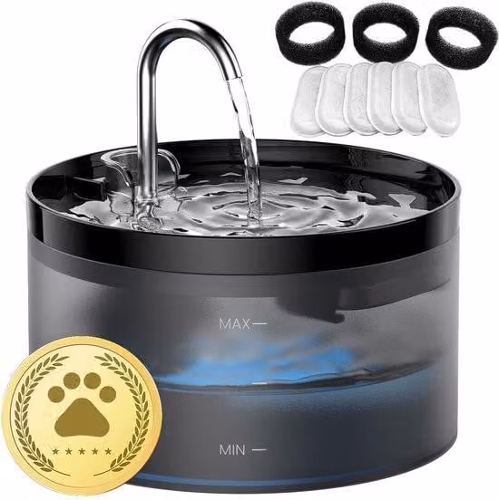 Abbeveratoio per gatti - 64 oz - Luce LED fissa - Serbatoio trasparente - 9 filtri - Nero