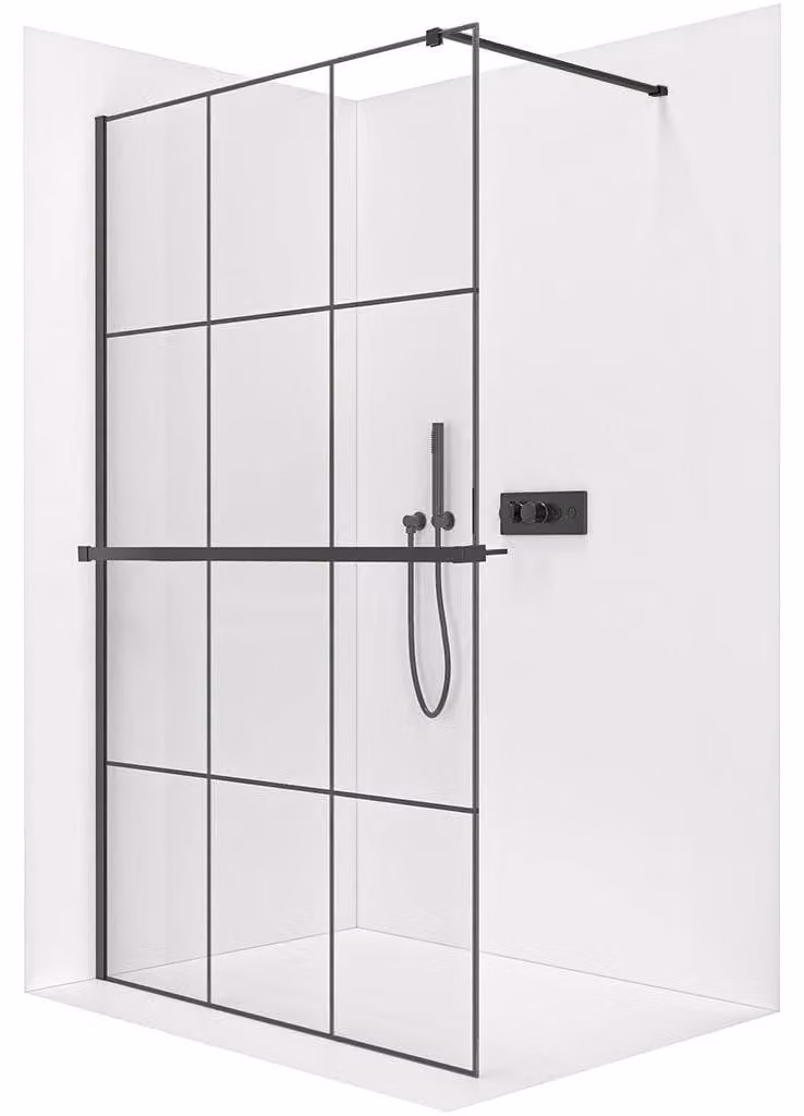 Pannello doccia walk-in Onyx Cube, versione sinistra/destra - vetro temperato da 8 mm + ripiano/portasciugamani - struttura quadrata - nero opaco, vetro industriale - 90x200 cm