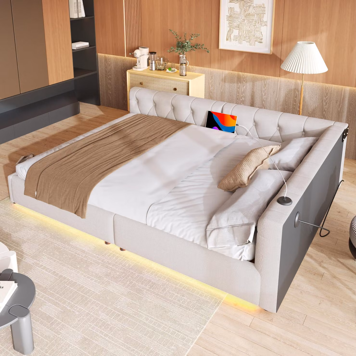 STILVORA Divano letto 140x200 con materasso, divano letto con rete a doghe e illuminazione d'atmosfera telecomandata, letto per ragazzi con testiera capitonné, beige