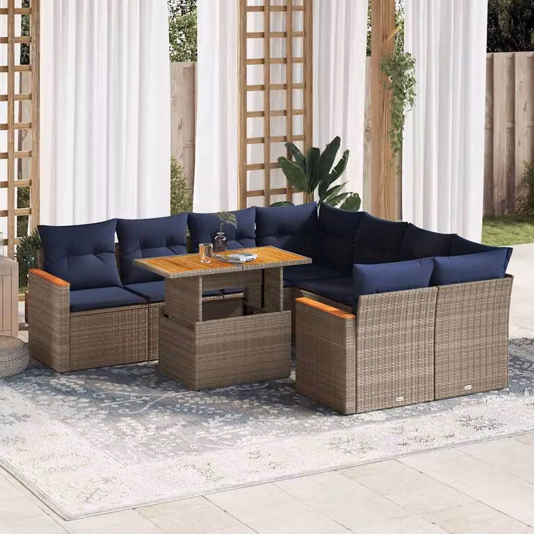Set Divano da Giardino a L vidaXL 9 pz con Cuscini Grigio e Blu in Polyrattan e Legno di Acacia
