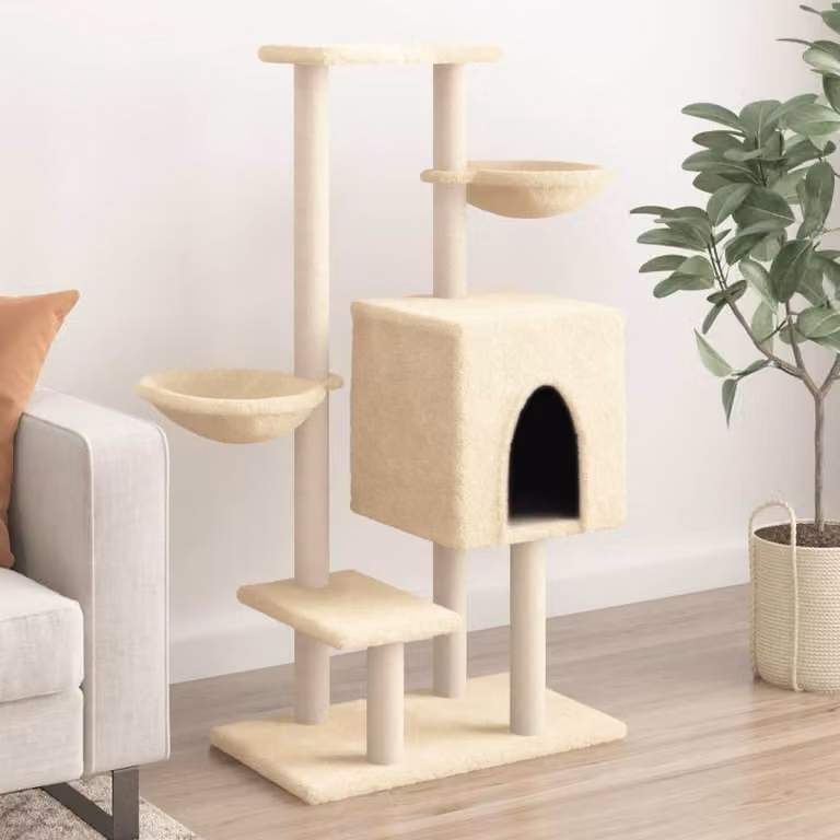 Torre multifunzionale per gatti, colore crema, altezza 117 cm