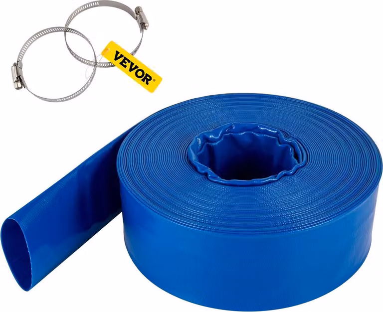 Tubo di scarico, 1-1/2" x 105', tubo piatto in PVC, tubo di scarico per controlavaggio per impieghi gravosi con fascette, resistente alle intemperie e alle rotture, ideale per piscine e trasferimento dell'acqua, blu