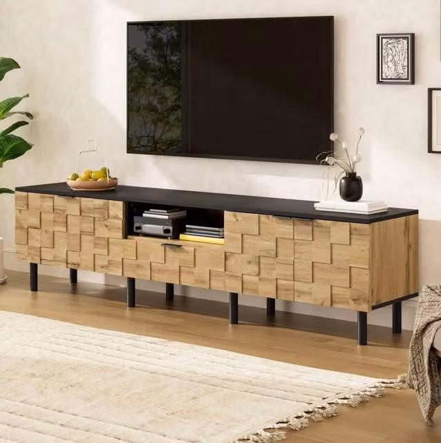 Mobile TV con ante a mosaico, 2 ante e cassetto, legno effetto naturale, piedi in metallo, ripiano aperto, 170x35x44,5 cm