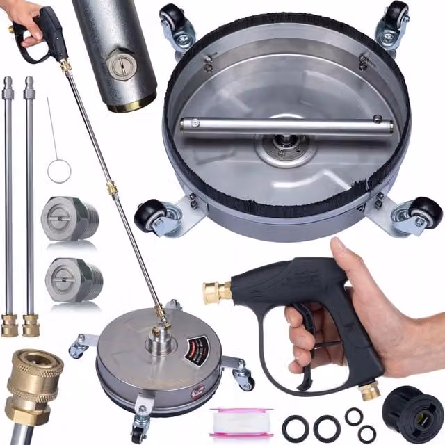Set di Accessori per Idropulitrice compatibile con Kärcher K2–K7 in Acciaio Inox e Ottone con Spazzola Mosmatic, 2 Lance da 34 cm e Pistola 300 Bar, Colore Argento – 1