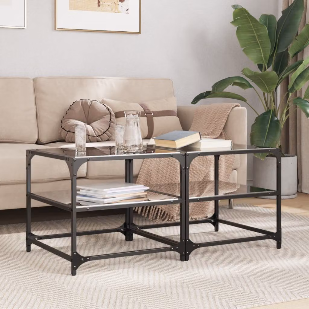 Maison Exclusive - Tavolini da caffè con piano in vetro, 2 pezzi, colore nero, dimensioni 50x50x45 cm, struttura in acciaio