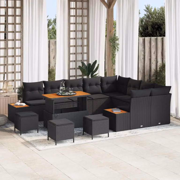 vidaXL Set Divano da Giardino Moderno a L in Polyrattan Nero con 13 Pezzi e Cuscini