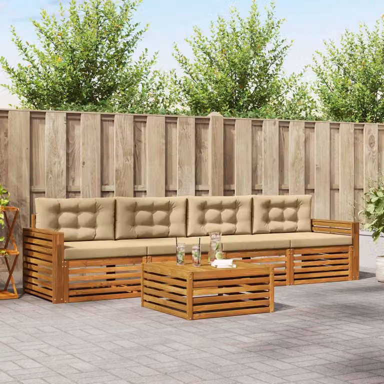 Set di mobili da esterno vidaXL in legno di acacia con divano a 3 posti, poltrone e tavolino da caffè, colore beige e sabbia