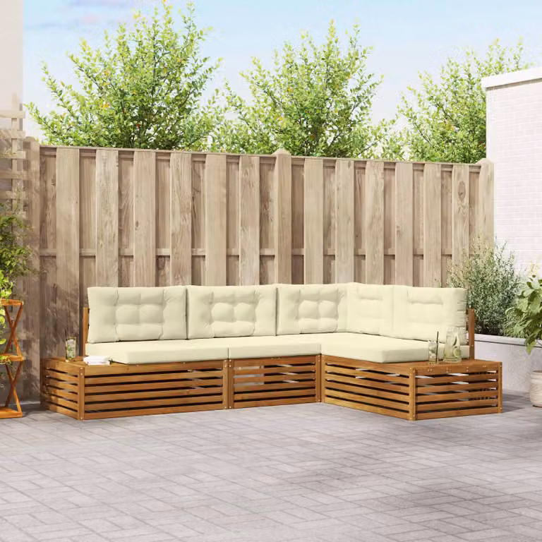Set di 5 divani da esterno vidaXL a forma di L in legno di acacia con cuscini, colore beige e marrone