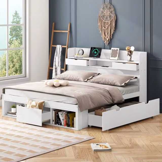Letto singolo 140x190 - Xylo - USB, cassetti, ripostiglio, bianco