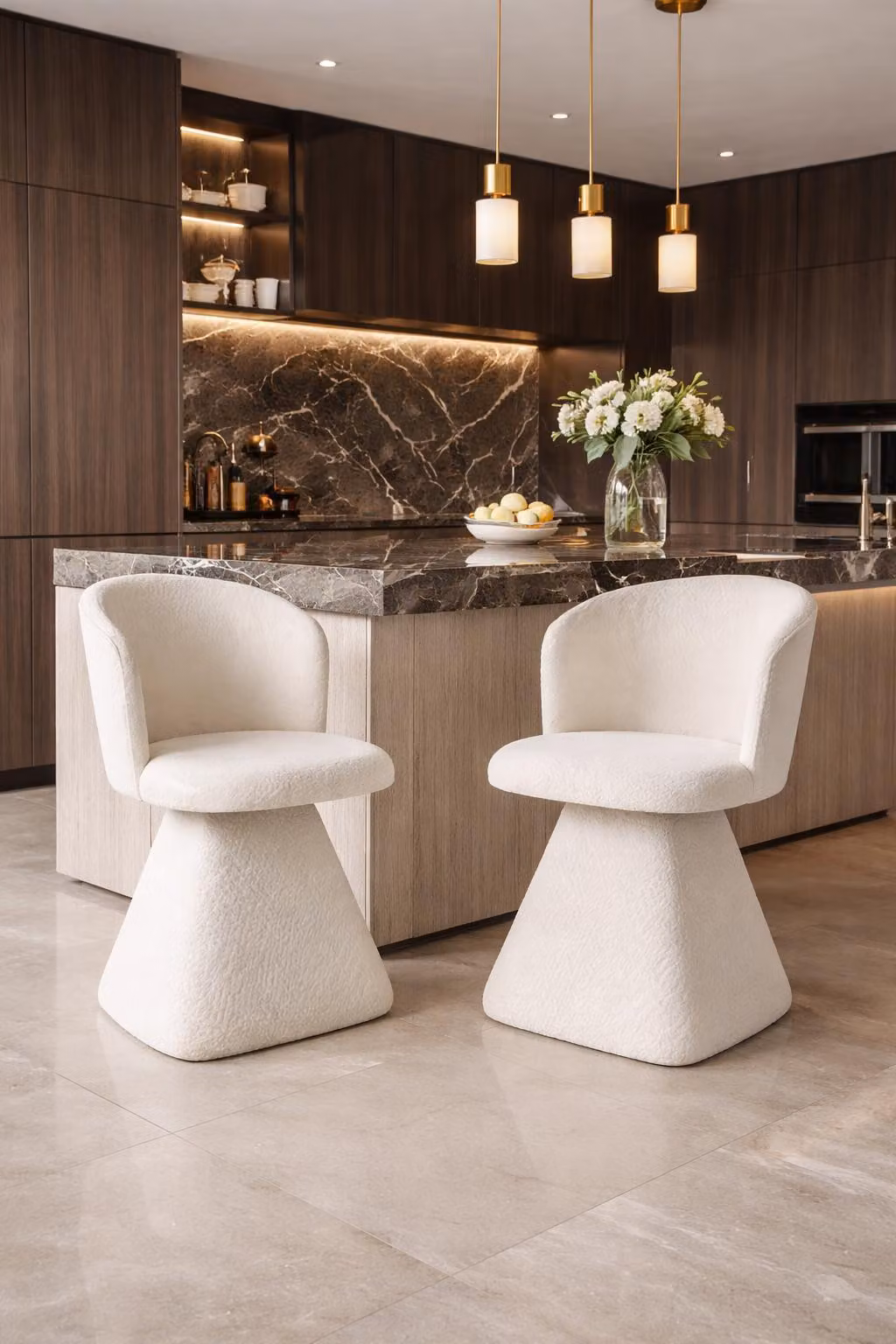 Eleganti sedie in bouclé dal design moderno con base conica