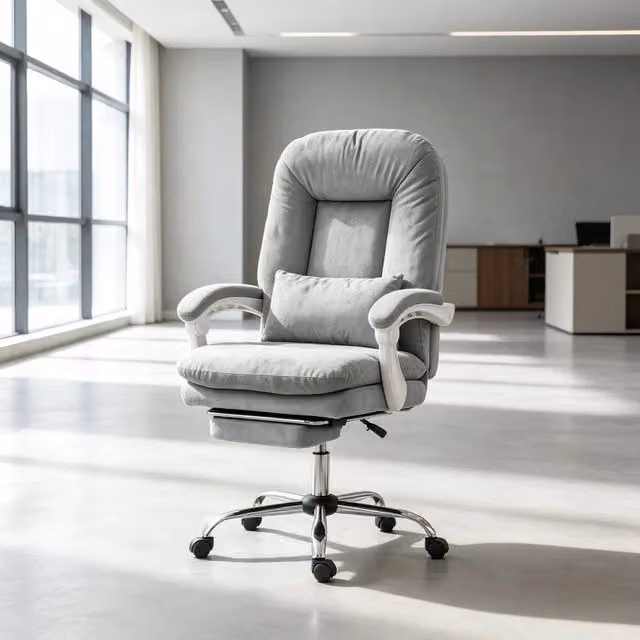 Sedia da ufficio ergonomica in velluto reclinabile fino a 155° con poggiapiedi e cuscino lombare grigio