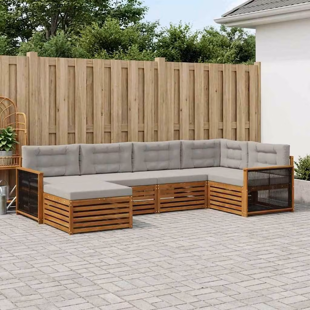 Set di divani da esterno vidaXL 6 pz in legno di acacia con cuscini, forma a L, beige e grigio chiaro