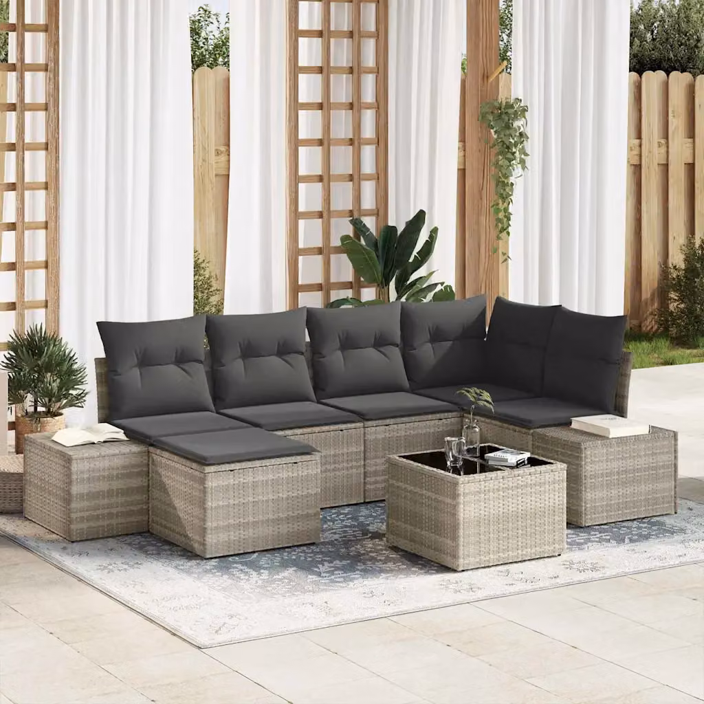 Set Divano da Giardino vidaXL 7 Pezzi a Forma di L in Polyrattan Grigio con Cuscini e Tavolino da Esterno – 1
