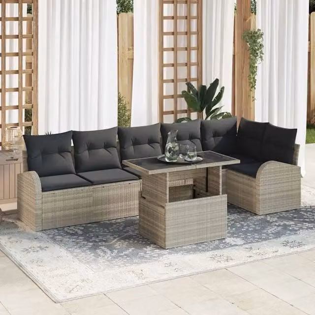 Set da giardino moderno vidaXL in polyrattan grigio composto da 7 pezzi con divano a due posti, elementi angolari, tavolino da caffè e cuscini inclusi – 1