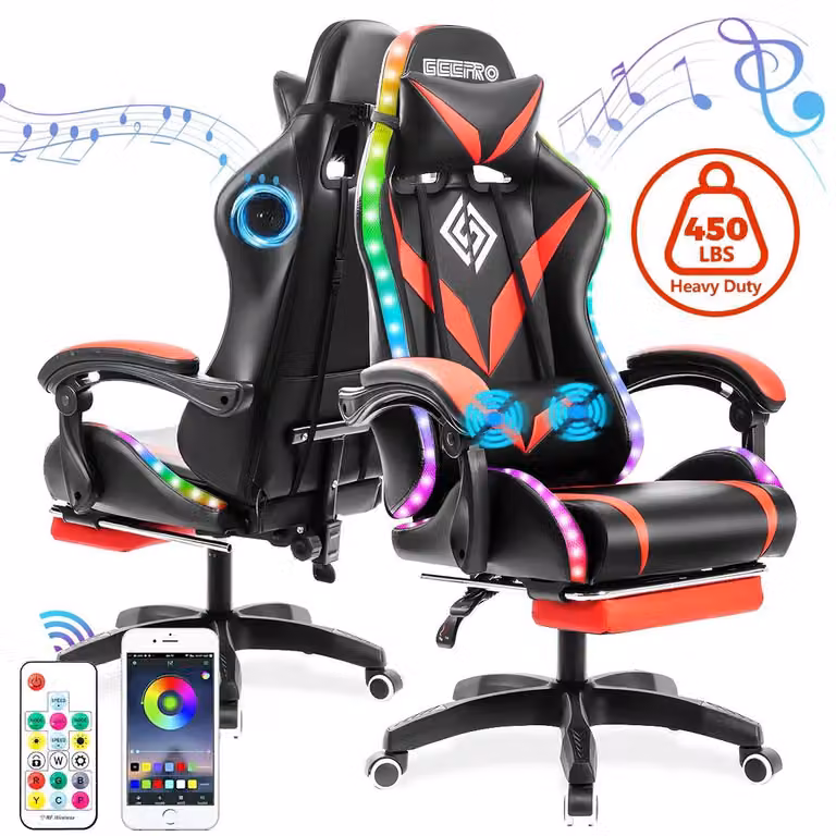 Sedia da gaming - Sedia da ufficio - Altoparlanti integrati - Illuminazione LED - Poggiapiedi - Regolabile in altezza per una postura ergonomica - Rivestita in ecopelle - Portata massima: 204 kg - Colore: rosso