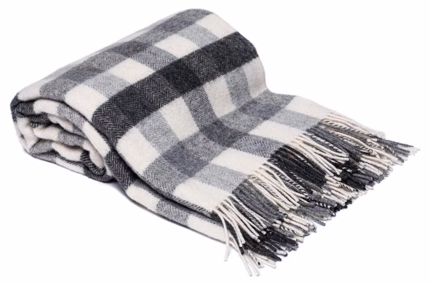 Coperta in lana vergine, 140x200 cm, 100% lana, colore grigio/bianco/grigio scuro, con frange