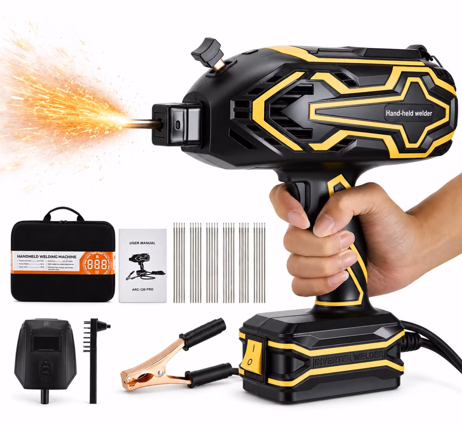 Saldatrice elettrica portatile - Inverter IGBT - Controllo della corrente a 5 livelli - Saldatrice ad arco - Adatta per elettrodi da 2,5–3,2 mm - 220 V - Arancione