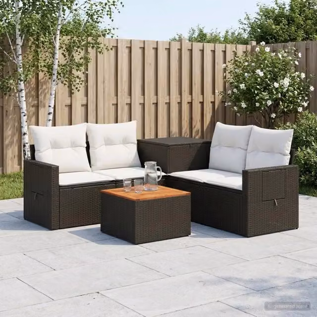 Set di divani da giardino a forma di U vidaXL con tavolino da esterno e pouf, colore nero e bianco – 1
