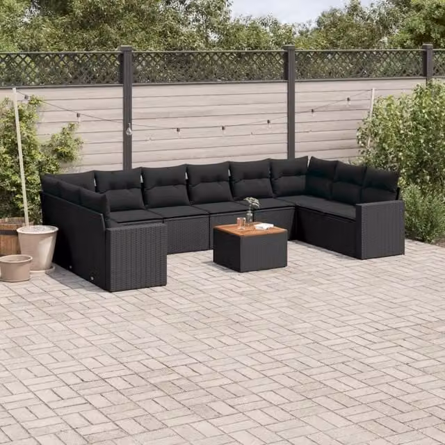 Set di Divani da Giardino Moderno VIDAXL in Polyrattan Nero con Cuscini, 11 Pezzi – 1
