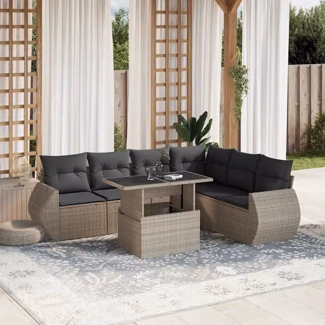 Set da giardino vidaXL composto da 7 pezzi con cuscini in polyrattan colore grigio antracite