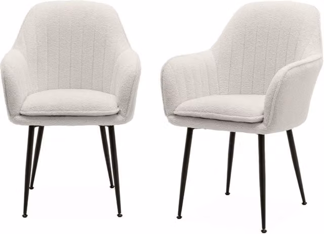 Set di 2 poltrone moderne Sweeek in tessuto bouclé bianco con struttura in metallo nero opaco e braccioli