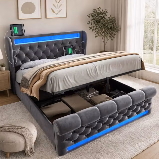 Letto matrimoniale imbottito 160 × 200 cm con vano contenitore idraulico in velluto grigio LED USB e Type C
