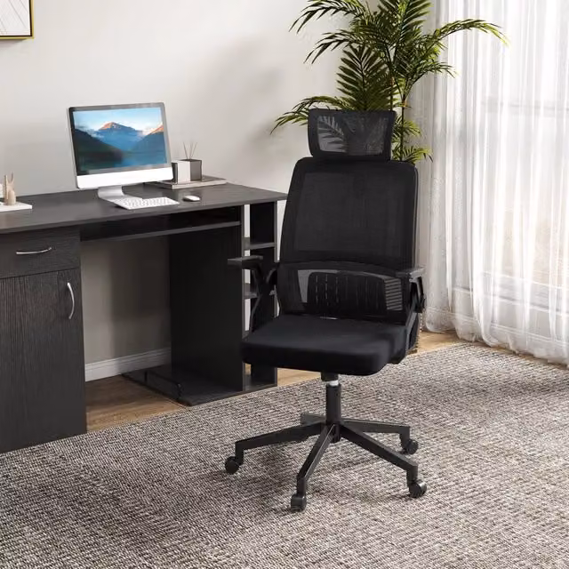 Sedia da ufficio ergonomica OKWISH nera con poggiatesta, braccioli e schienale in tessuto, L: 61.0 cm, P: 58.0 cm, H: 119.0 cm – 1