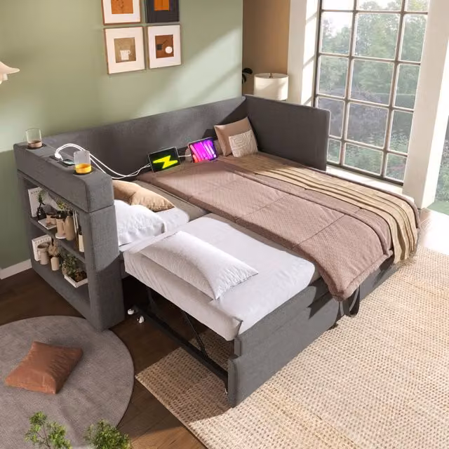 Divano Letto REDOM con Letto Estrattibile, Porta USB Type-C e Scomparti Laterali, Tessuto Grigio, L/P: 190 x 90 cm – 1