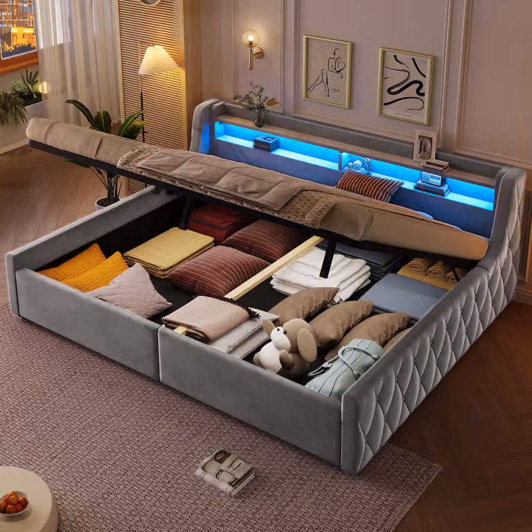 Letto idraulico imbottito Flieks, 140x200 cm, con rivestimento in pelle, divano letto trasformabile in chaise longue con schienale, letto a castello per ragazzi con spazio contenitivo, in flanella, colore grigio