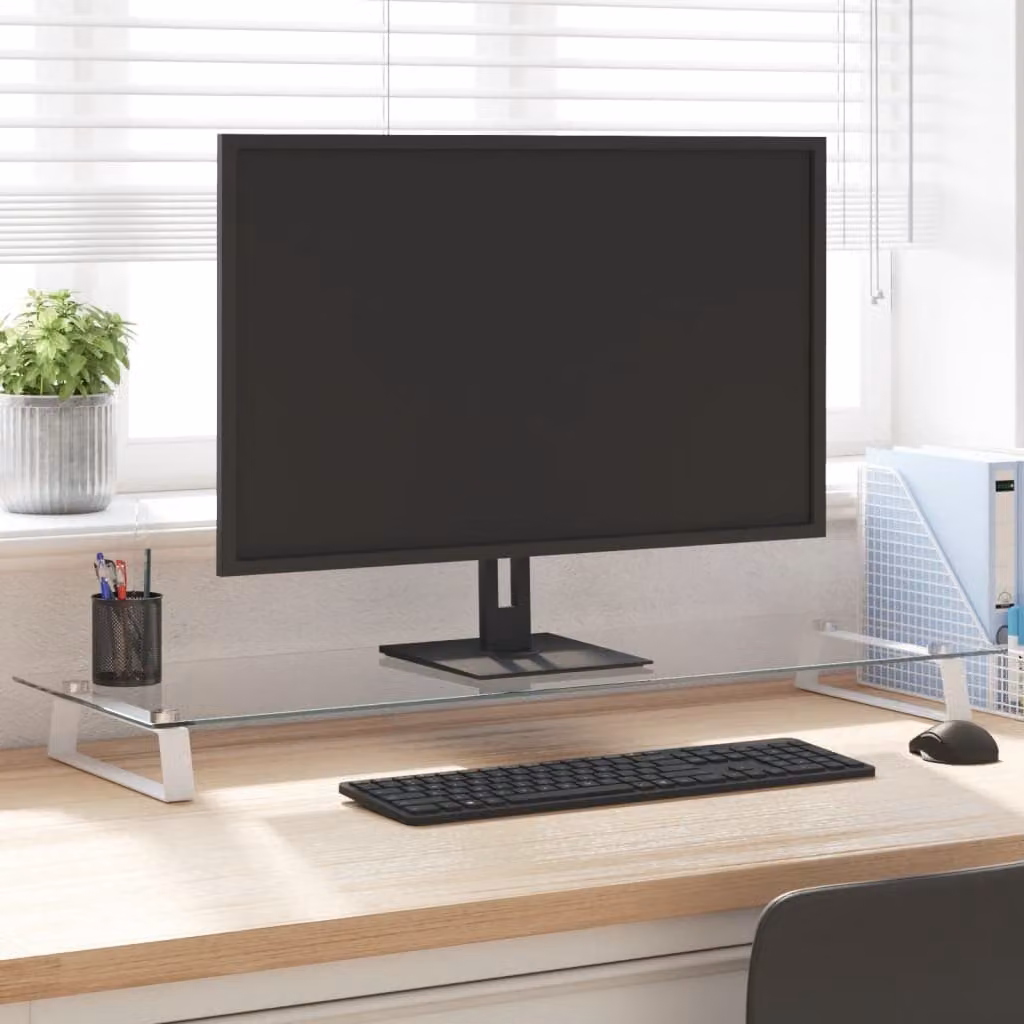 vidaXL Supporto per Monitor in Vetro Temperato e Metallo, Bianco e Trasparente, L/P/H: 100 x 35 x 8 cm
