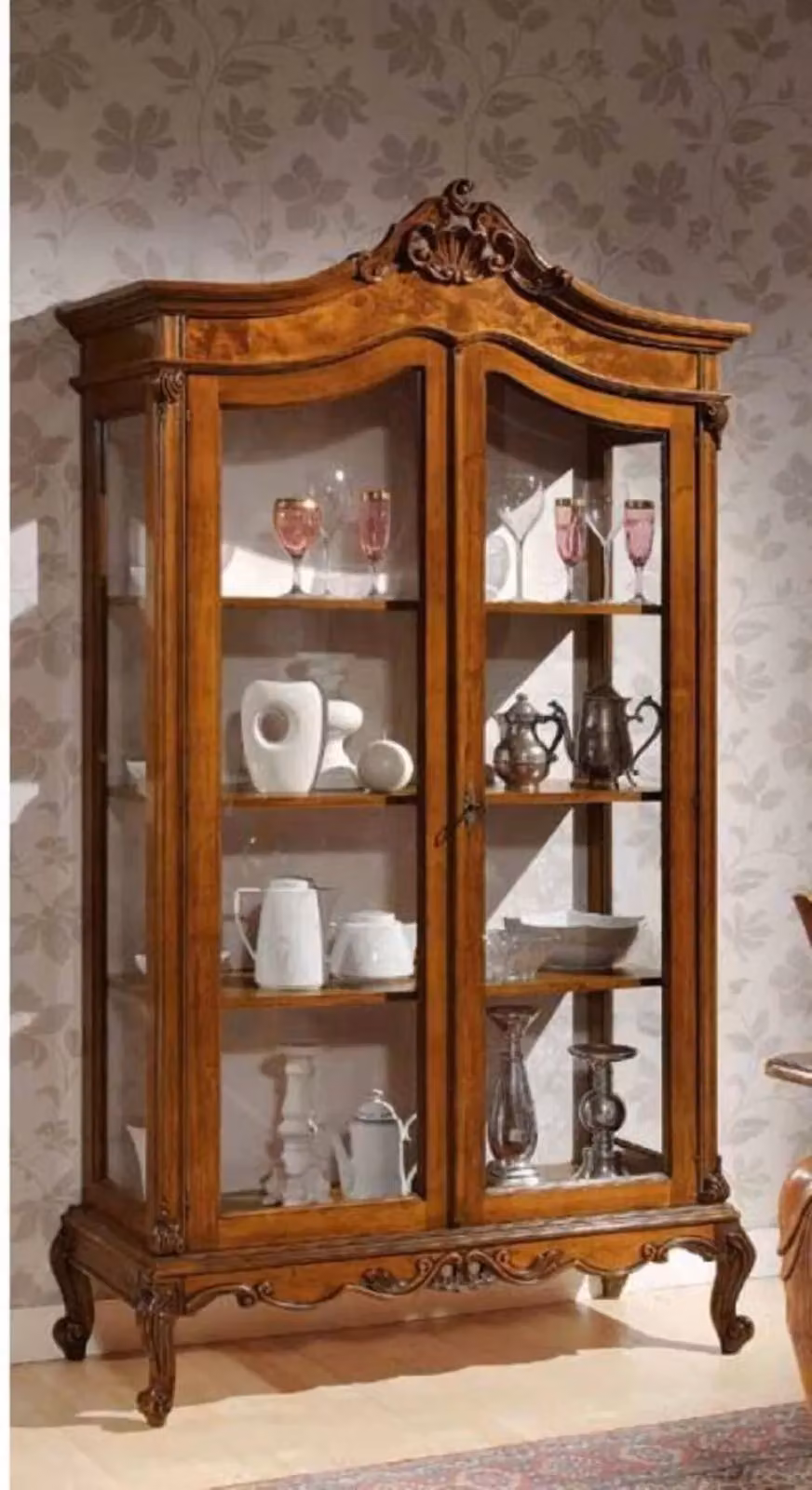 Vetrina in legno di radica con 2 ante in vetro stile Impero finitura Bassano di Mobili 2G L: 114 cm, P: 46 cm, H: 217 cm – 3