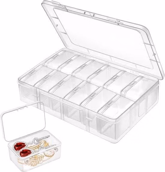 Contenitore trasparente Unyqoos® con coperchio a ribalta – 12 piccoli contenitori removibili, realizzato in plastica PP resistente, con maniglia per il trasporto, ideale per perline, gioielli e accessori per hobby creativi