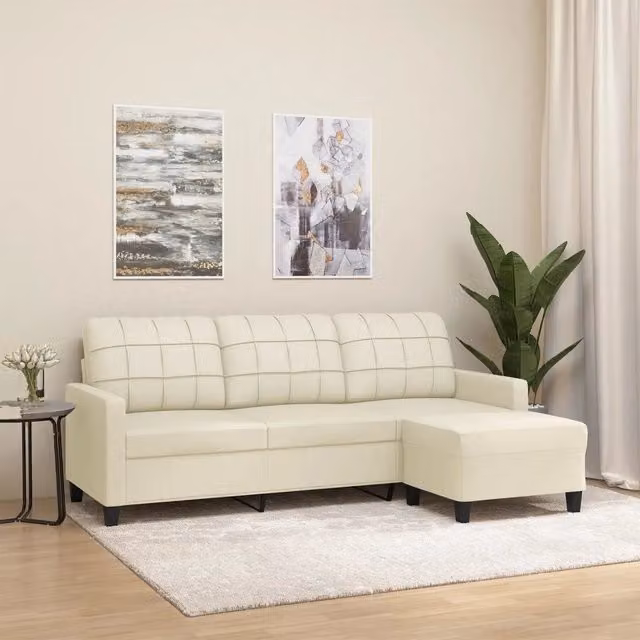 Divano a 3 posti con poggiapiedi vidaXL in similpelle beige con pouf coordinato per il tuo soggiorno – 1