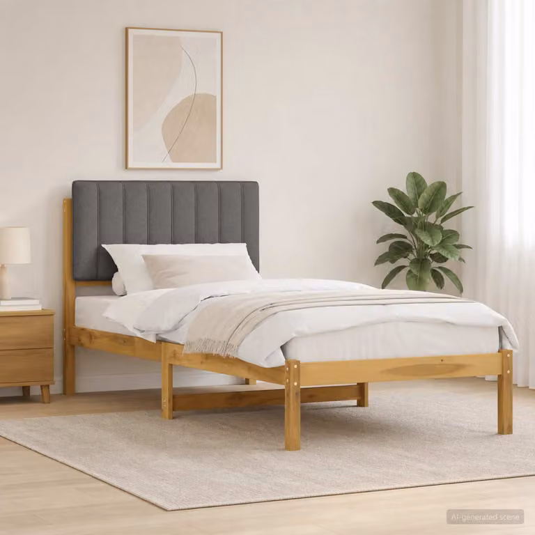 Letto con testiera rivestita vidaXL in legno di acacia e tessuto, Bianco lavato e Grigio chiaro, L/P/H: 140 x 200 x 86 cm