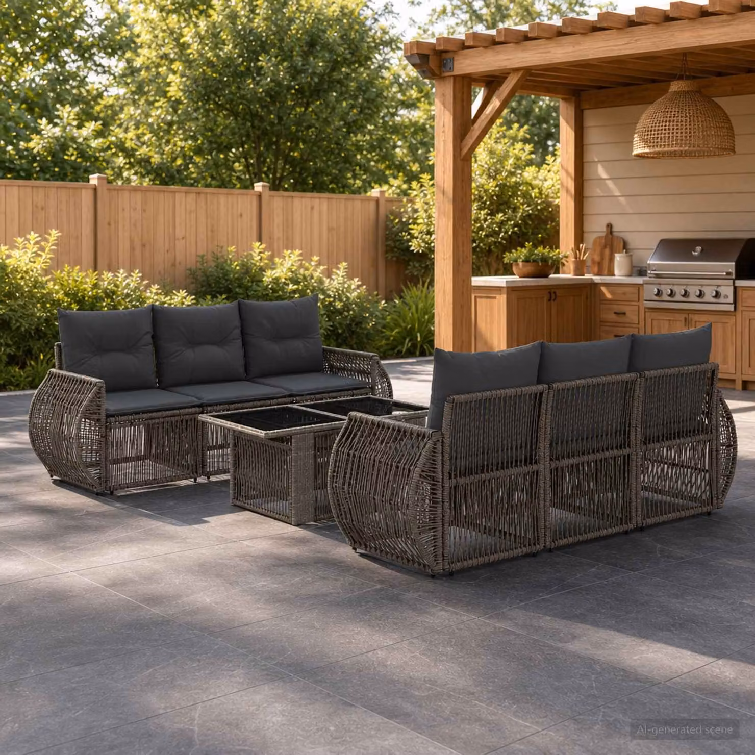 Set Divano da Giardino vidaXL 7 Pezzi in Polyrattan Grigio e Antracite con Cuscini e Tavolino per Terrazza e Balcone