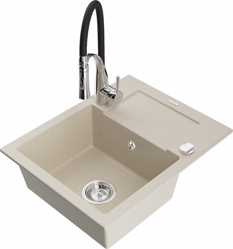 Mexen Enzo lavello in granito a 1 vasca con sgocciolatoio e rubinetto da cucina Aster, beige - 6506-69-73450-07
