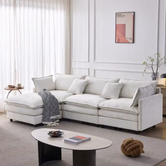 Divano angolare modulare 3 posti con chaise longue, tessuto in ciniglia beige, 267 x 154 x 85 cm, pouf mobile incluso