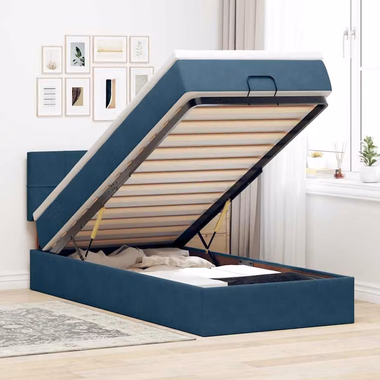 vidaXL Letto con Pouf e Materasso in Velluto Blu e Bianco, L/P/H: 190 x 90 x 88 cm