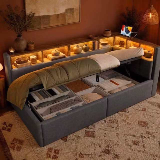 Letto contenitore Mivray in lino grigio con testiera dotata di porte USB, Type-C e illuminazione LED, L/P/H: 90 x 200 x 105 cm