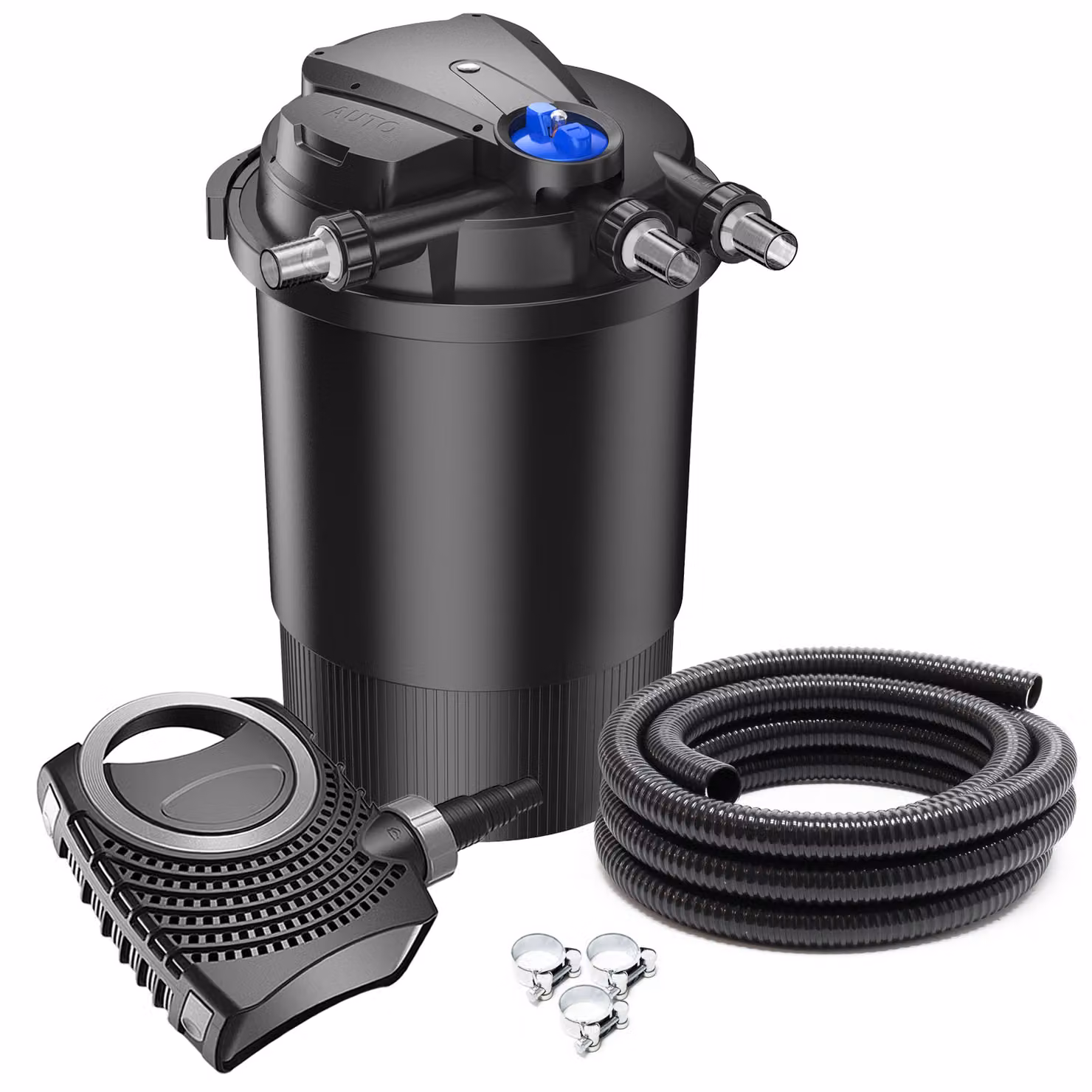 Set completo SunSun: filtro a pressione per laghetti CPA-30000 fino a 60000 L con chiarificatore UV-C da 55 watt, pompa per laghetti NEO8000 SuperEco 8000l/h 70W, tubo flessibile per laghetti da 10 m 38 mm (1 1/2"), fascette stringitubo W1 44-47mm