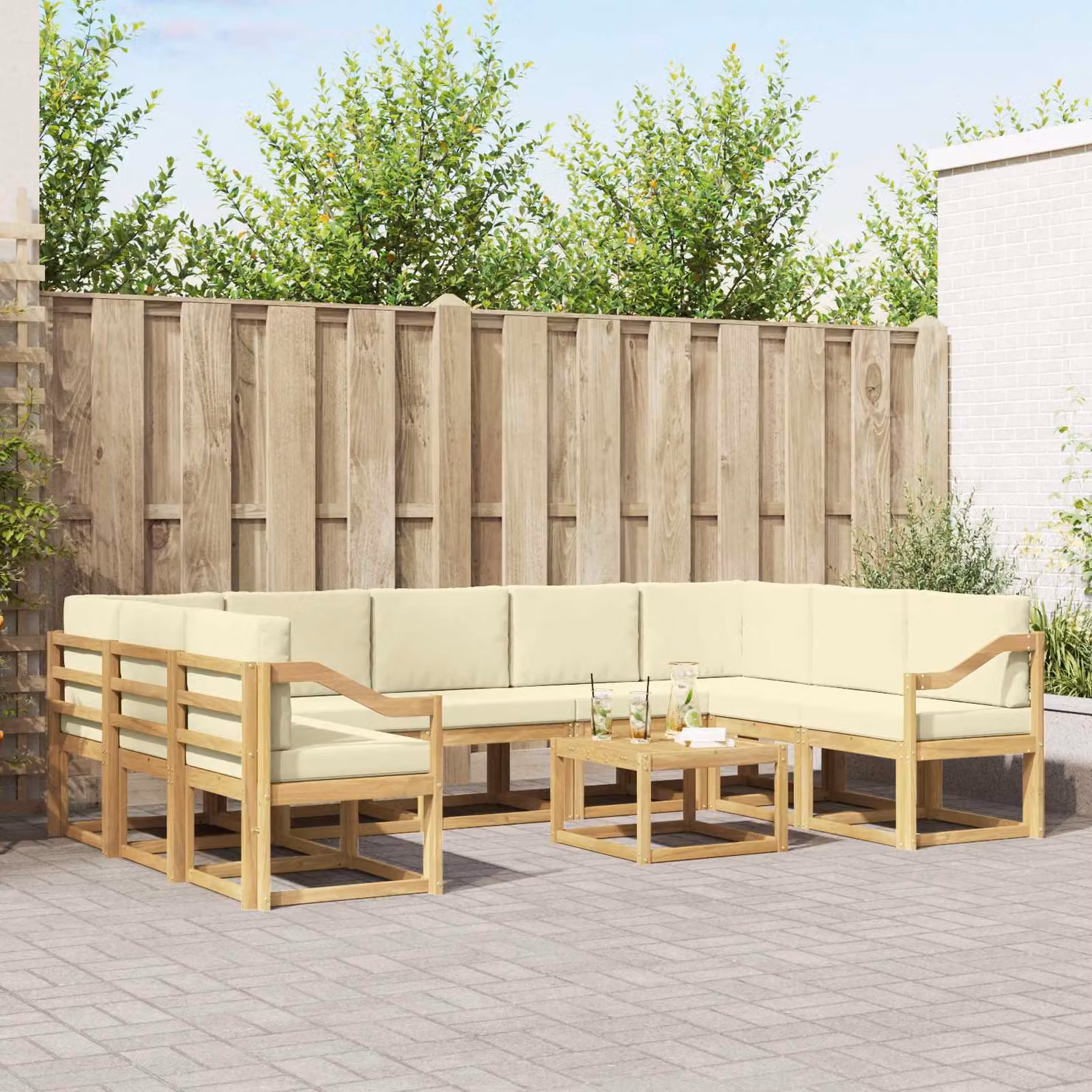 vidaXL Set di divani da esterno a forma di L composto da 10 pezzi in legno di acacia con cuscini in poliestere bianco, beige e marrone