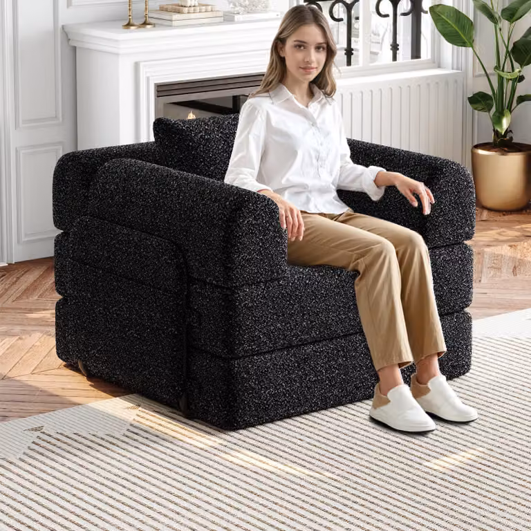 MODFU divano letto in ciniglia 2 in 1 con vano portaoggetti nel bracciolo, divano pieghevole imbottito con tre telai in metallo e diverse opzioni di configurazione, nero
