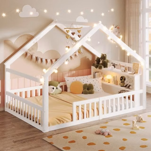 Letto per bambini 140 × 190 cm con barriere, ripiani e luci decorative, senza materasso, in pino e MDF, bianco