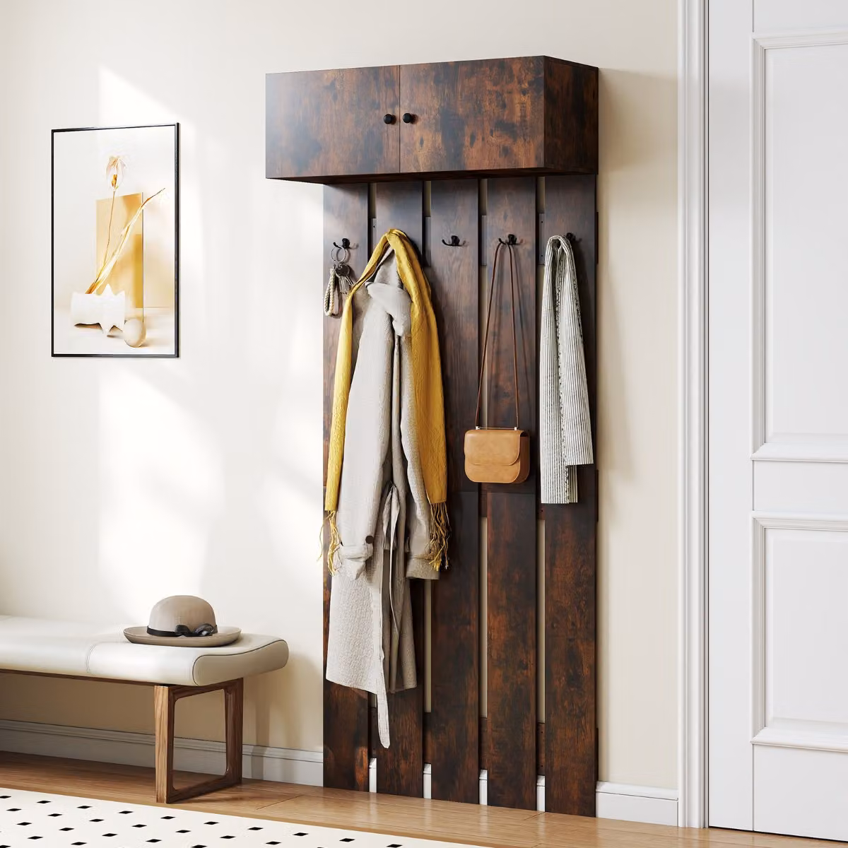 Appendiabiti da parete Costway in legno marrone con ganci distribuiti per ingresso, corridoio o bagno, stile industriale con finitura opaca