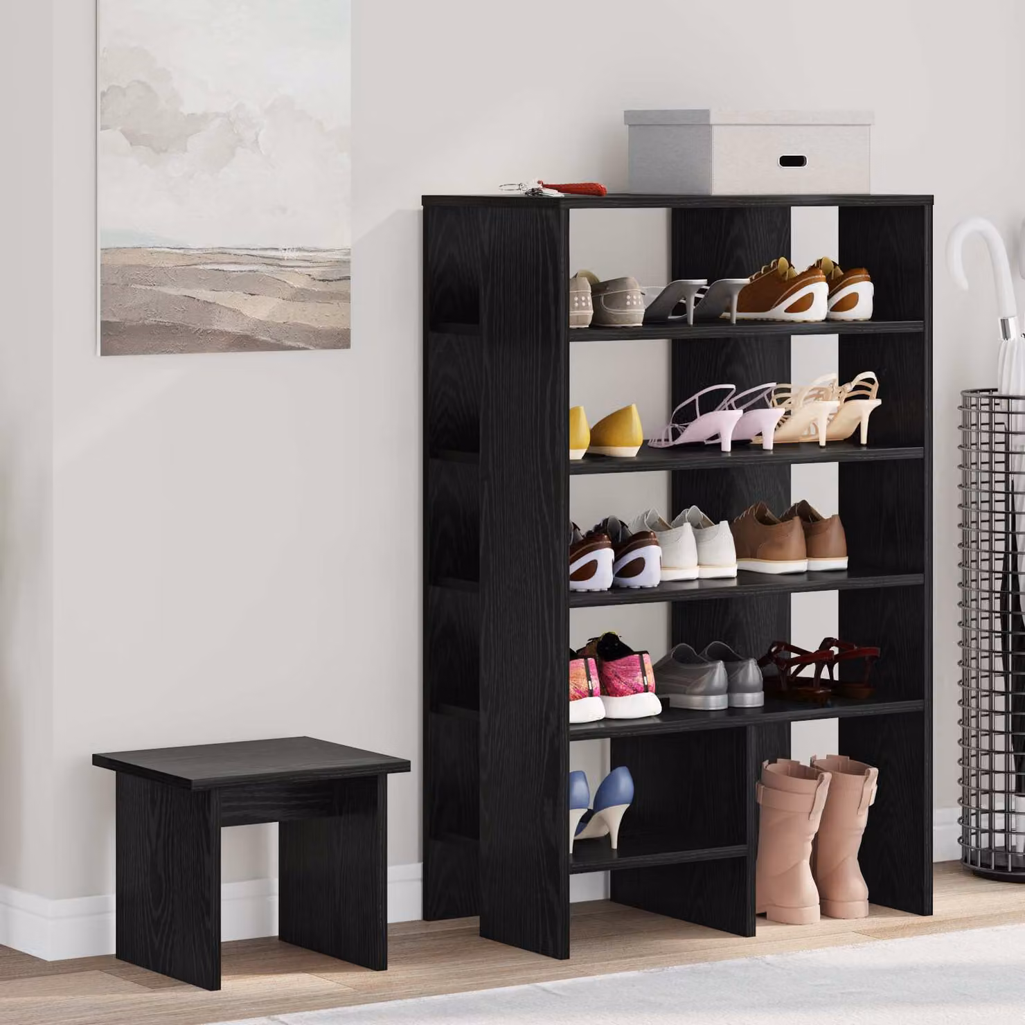 Scarpiera moderna vidaXL con seduta integrata e ripiani in legno nero L: 62 cm, P: 35 cm, H: 100 cm