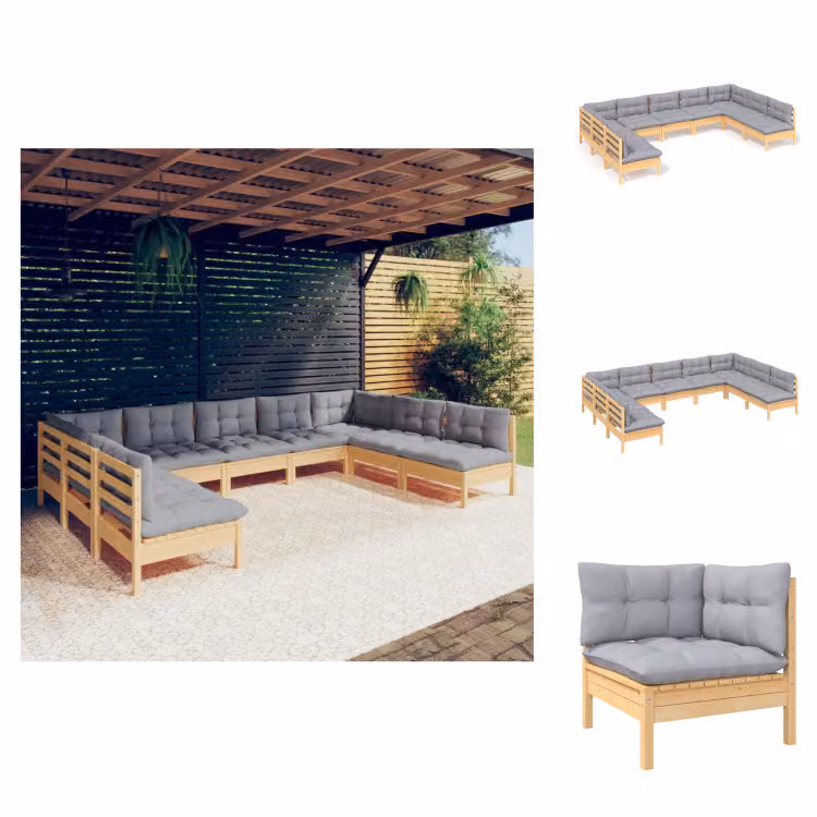 vidaXL Set 9 pezzi da giardino con cuscini grigi in pino massiccio - Set di mobili da giardino