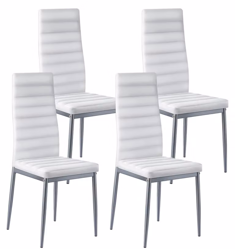 Set di 4 sedie da pranzo, colore bianco, dimensioni 465x405x970 mm, aspetto in pelle, gambe in metallo, capacità massima 136 kg
