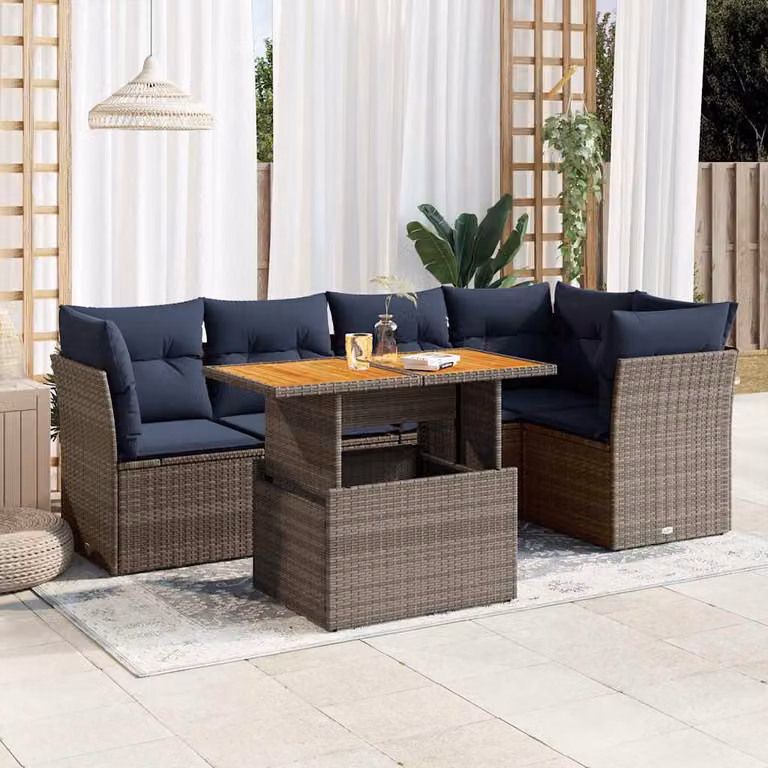 Set Divano da Giardino vidaXL 6 pz in Polyrattan con Cuscini e Tavolino, Design Moderno a L, Grigio e Blu