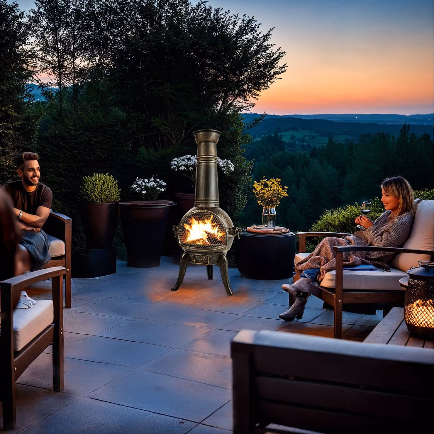 Chiminea TecTake GmbH in ghisa e acciaio grigio con base in legno L: 52 cm, P: 44 cm, H: 115 cm – 2
