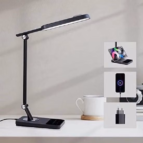 Lampada da Scrivania LED Regolabile e Dimmable in Metallo Nero per Home Office e Lettura con Alimentazione USB